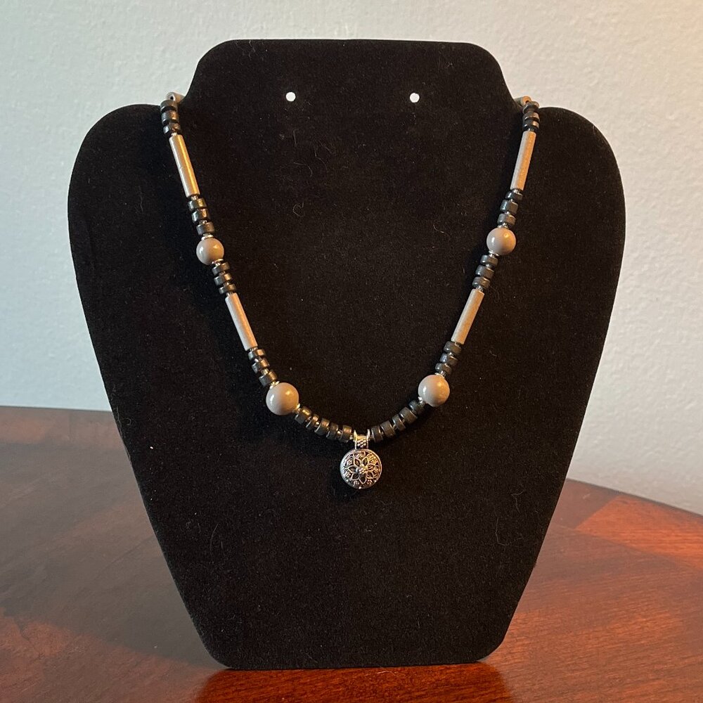 Handmade Beaded Necklace - Black and Gray with Silver Charm
